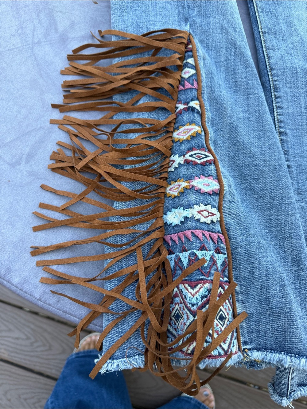 DRIFTWOOD Blue Denim Ankle Jeans with Aztec Trim and Brown Fringe - Picture 2 of 5